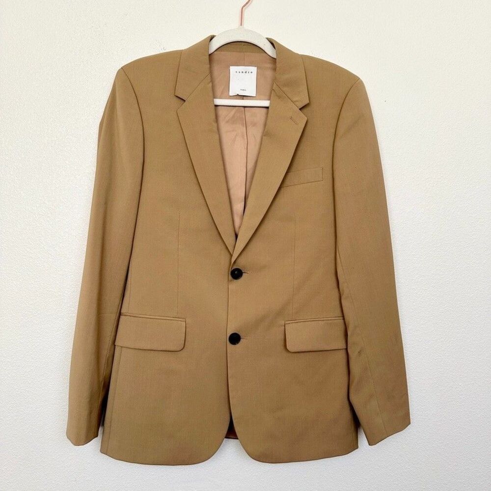 Sandro Wool Camel Tan Blazer Coat Two Button Minimalist Parisian Work Women's 46